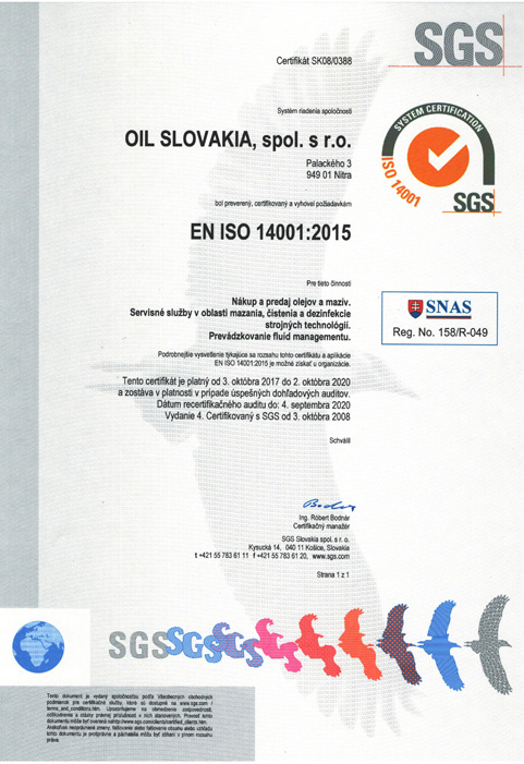 Certifikát EN ISO 14001:2015
