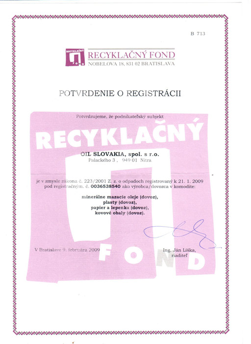 Recyklačný fond - potvrdenie o registrácii