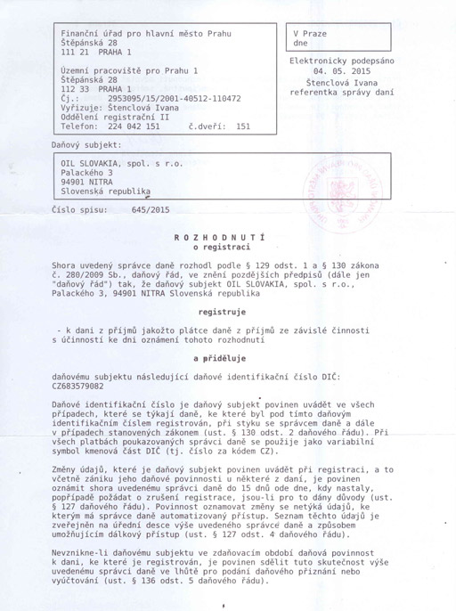 Financni urad pro Prahu rozhodnutie o registraci DIC strana1
