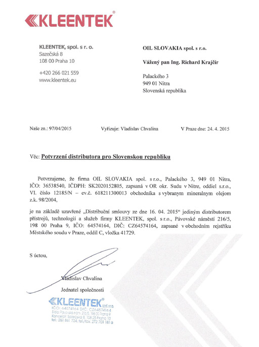 Kleentek - potvrdenie distribútora SK OIL Slovakia