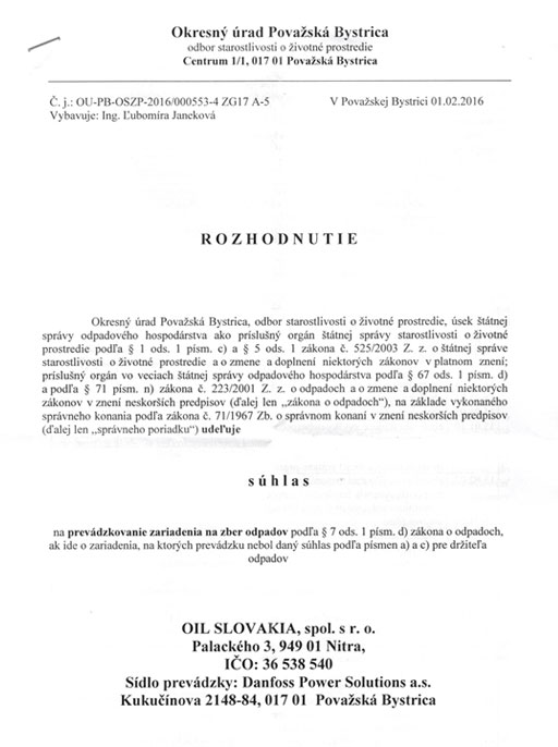 Súhlas na prevádzkovanie zariadenia na zber odpadov 1.strana