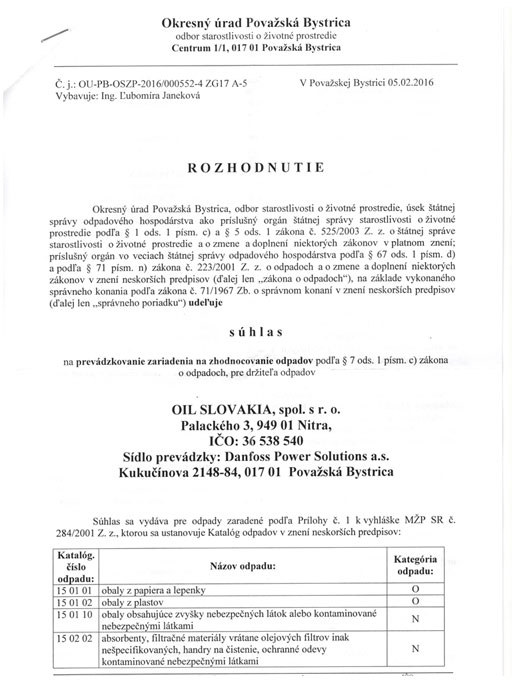 Súhlas na prevádzkovanie zariadenia na zhodnocovanie odpadov 1.stranaa